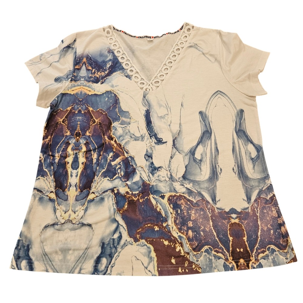 Exclusive Marble Ink Print V-Neck Top Crochet Lace Trim Blue‎ Purple XL